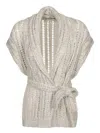 Brunello Cucinelli Dazzling Silk And Linen-blend Wrap Cardigan In Beige