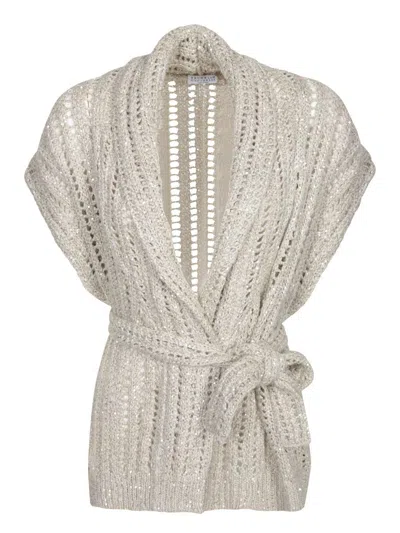 Brunello Cucinelli Crochet Belted Cardigan In Beige