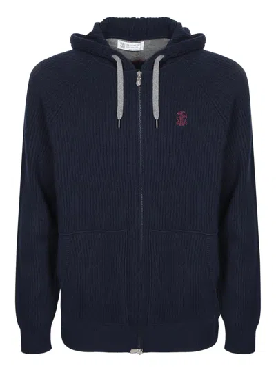 Brunello Cucinelli Blue Cashmere Hooded Cardigan