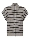 Brunello Cucinelli Beige Cardigan With High Neck And All-over Striped Motif In Linen Blend Woman In Beige