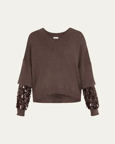 Brunello Cucinelli Cashmere And Embroidered Organza Sweater In Brown