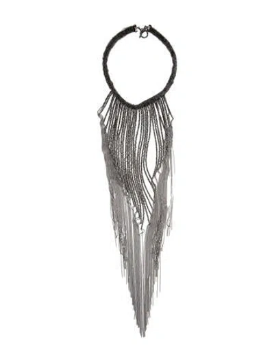 Pre-owned Brunello Cucinelli Cashmere & Glass Bead Monili Fringe Choker, 15.5" In Gray