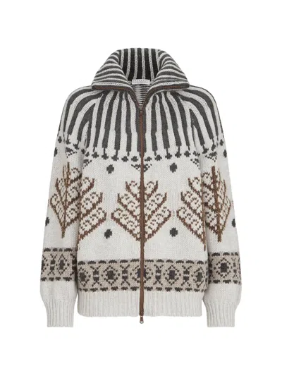 Brunello Cucinelli Cashmere And Mohair Nordic Heritage High-neck Cardigan With Zipper In Animal Print
