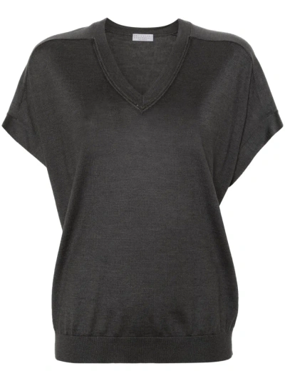 Brunello Cucinelli Cashmere And Silk Blend V-necked Top In Gray