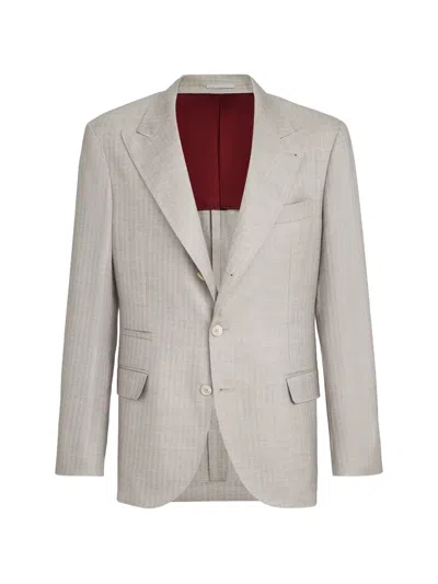 Brunello Cucinelli Cashmere And Silk Chevron Deconstructed Blazer With Peak Lapels In Neutral