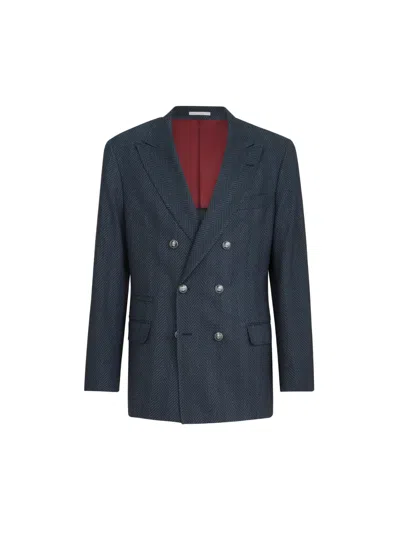 Brunello Cucinelli Cashmere And Silk Chevron Flannel One-and-a-half Breasted Deconstructed Blazer With Metal Buttons In Multi