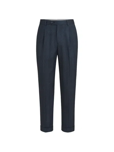 Brunello Cucinelli Cashmere And Silk Chevron Flannel Trousers With Pleat In Blue
