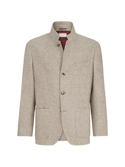 Brunello Cucinelli Cashmere And Silk Diagonal Outerwear Blazer With Patch Pockets In Multi