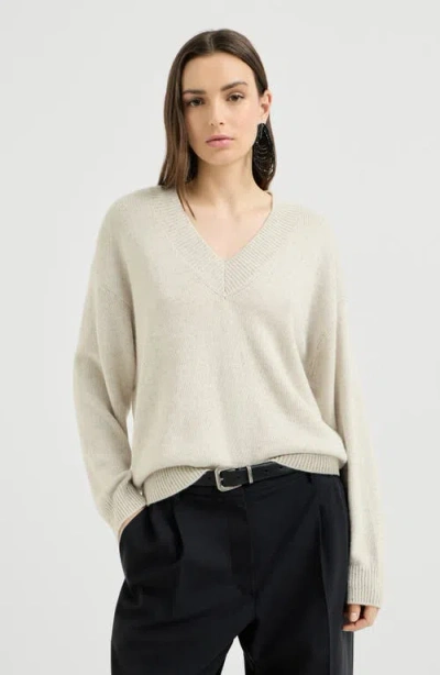 Brunello Cucinelli Cashmere And Silk Diamond Yarn Sweater In White