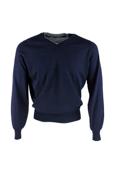 Brunello Cucinelli Cashmere And Silk High V-neck Sweater In Blu
