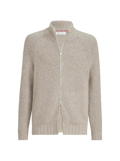 Brunello Cucinelli Cashmere And Silk High-neck Cardigan With Zipper In Brown