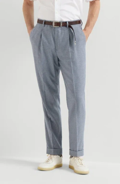 Brunello Cucinelli Cashmere And Silk Houndstooth Flannel Trousers With Pleat In Multi