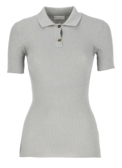 Brunello Cucinelli Cashmere And Silk-blend Polo Sweater In Grey