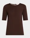 Brunello Cucinelli Cashmere And Silk Short-sleeve Monili Trim Knit Top In Blue