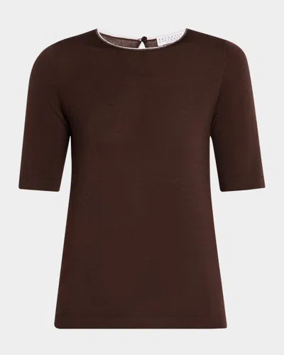 Brunello Cucinelli Cashmere And Silk Short-sleeve Monili Trim Knit Top In Blue