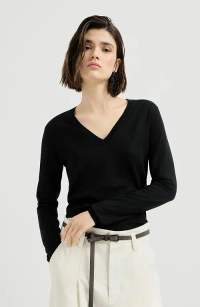 Brunello Cucinelli Cashmere And Silk Sparkling Lightweight Sweater In Black