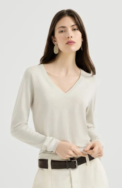 Brunello Cucinelli Cashmere And Silk Sparkling Lightweight Sweater In White