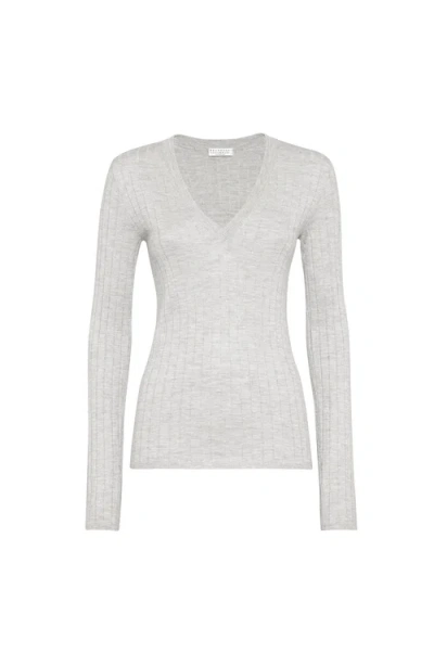 Brunello Cucinelli Cashmere And Silk Sparkling Sweater In White