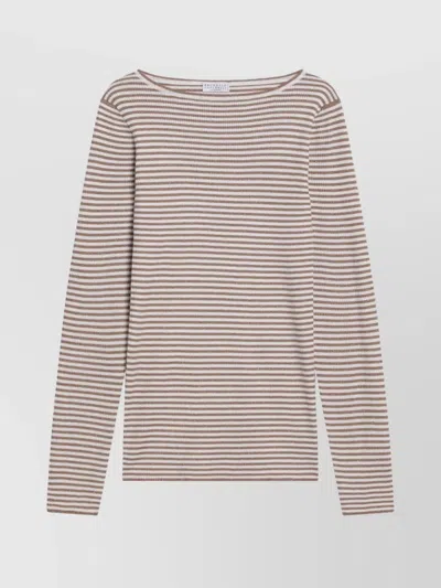 BRUNELLO CUCINELLI CASHMERE AND SILK STRIPED BOAT NECK SWEATER