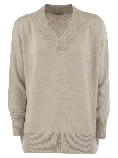 Brunello Cucinelli Cashmere And Silk Sweater With Micro Sequins In Mother Of Pearl
