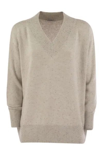 Brunello Cucinelli Cashmere And Silk Sweater With Micro Sequins In Neutral