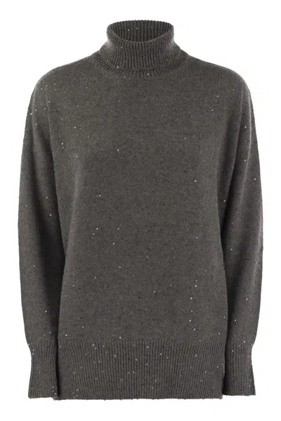 Brunello Cucinelli Cashmere And Silk Turtleneck Sweater With Micro Sequins In Gray