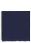 Brunello Cucinelli Cashmere And Wool Scarf With Microfringe Trims In Blue