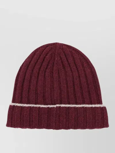 Brunello Cucinelli Cashmere Beanie Contrast Stripe Cuffed Ribbed In Burgundy