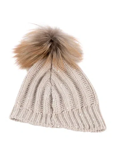 Pre-owned Brunello Cucinelli Cashmere Beanie With Fur Pom-pom Embellishment In Neutrals
