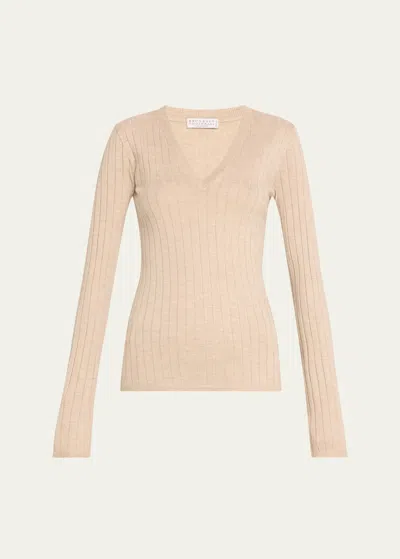 Brunello Cucinelli Cashmere-blend Lurex Ribbed Knit Top In C067 Desert