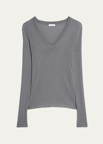 Brunello Cucinelli Cashmere-blend Lurex Ribbed Knit Top In Grigio