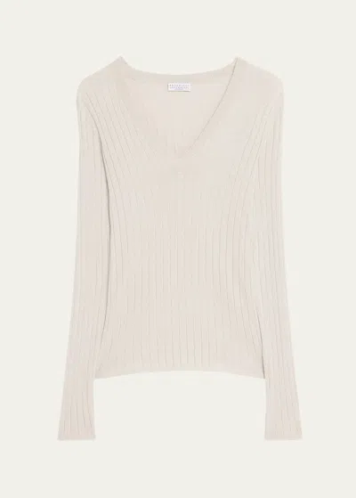 Brunello Cucinelli Cashmere-blend Lurex Ribbed Knit Top In C9610 Madreperla