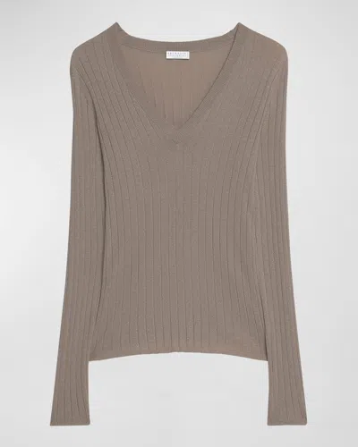 Brunello Cucinelli Cashmere-blend Lurex Ribbed Knit Top In Desert