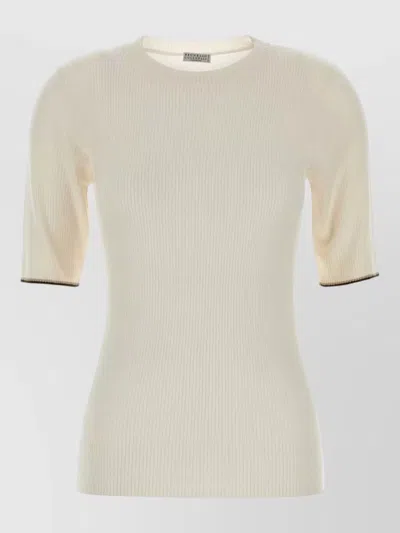 Brunello Cucinelli Cashmere Blend Short Sleeve Ribbed T-shirt Contrast Trim In Neutral