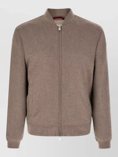 Brunello Cucinelli Cashmere Bomber Jacket Collarless Ribbed Trim In Brown