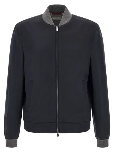 Brunello Cucinelli Cashmere Bomber With Knit Collar Jacket In Navy
