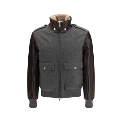 Brunello Cucinelli Cashmere Bomber With Shearling Collar Jacket In Gray