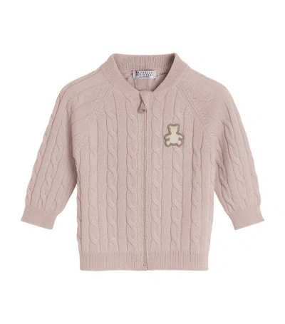 Brunello Cucinelli Cashmere Cable-knit Bernie Cardigan (3-24 Months) In Pink