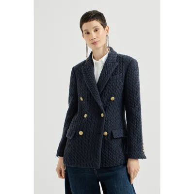 Brunello Cucinelli Cashmere Cable Knit Blazer With Monili In Blue