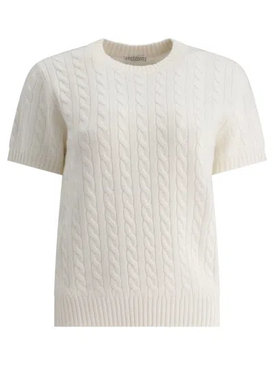 Brunello Cucinelli Cable Knit Short Sleeve Sweater In White