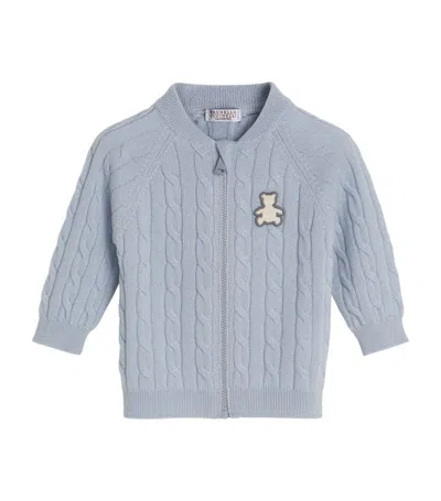 Brunello Cucinelli Babies' Teddy-appliqué Cashmere Cardigan In Blue
