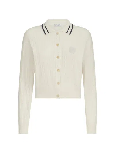 Brunello Cucinelli Cashmere Cable-knit Polo Shirt With Logo In Neutral