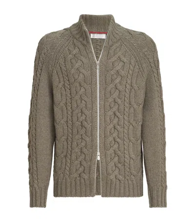 Brunello Cucinelli Cashmere Cable-knit Zip-up Cardigan In Gray