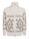 Brunello Cucinelli Men Geometric Jacquard Cashmere Feather Cardigan With Shawl Collar In Beige