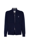 Brunello Cucinelli Zip-front Embroidered-logo Cardigan In Blue