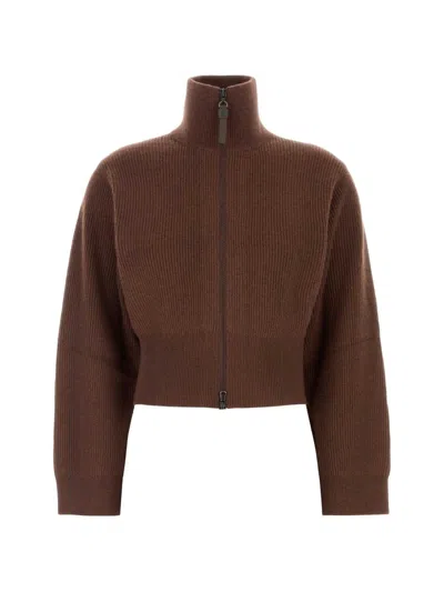 Brunello Cucinelli Ribbed-knit Zip-up Cardigan In Brown
