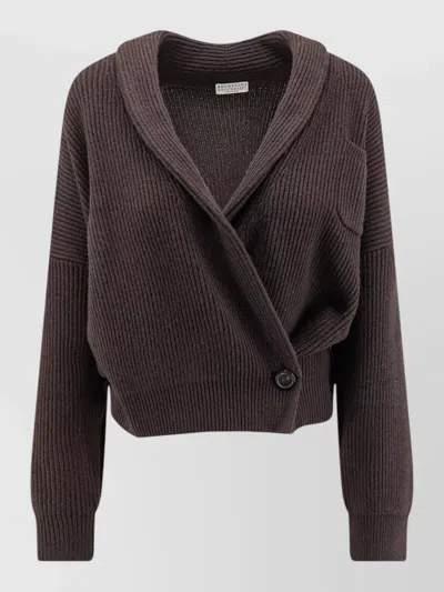 Brunello Cucinelli Cashmere Cardigan Cropped Shawl Lapel Pockets In Brown