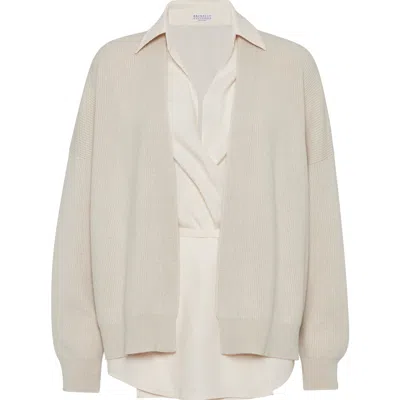 Brunello Cucinelli Cashmere Cardigan With Blouse In Neutral