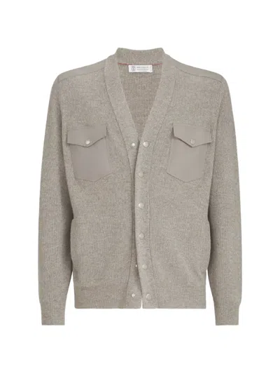Brunello Cucinelli Cashmere Cardigan With Chest Pockets And Snap Buttons In Multi