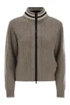 Brunello Cucinelli Cashmere Feather Yarn English Rib Knit Cardigan With Shiny Trims In Grey
